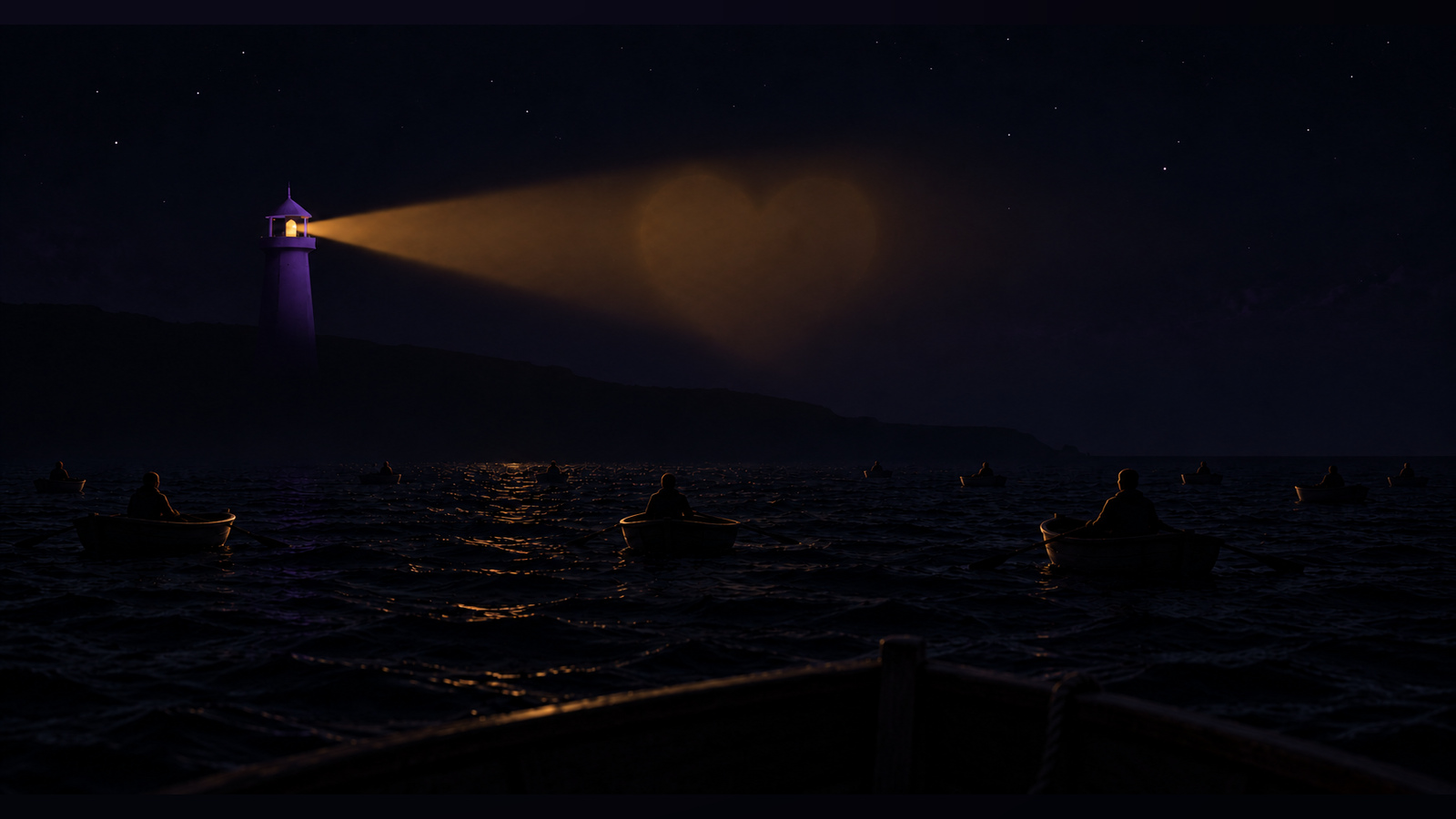 One person in each boat on a dark sea, with a purple lighthouse casting a warm beam toward a faint heart.